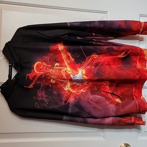 John Hancock, XL men's hoodie, black with flaming red skeleton with guitar.